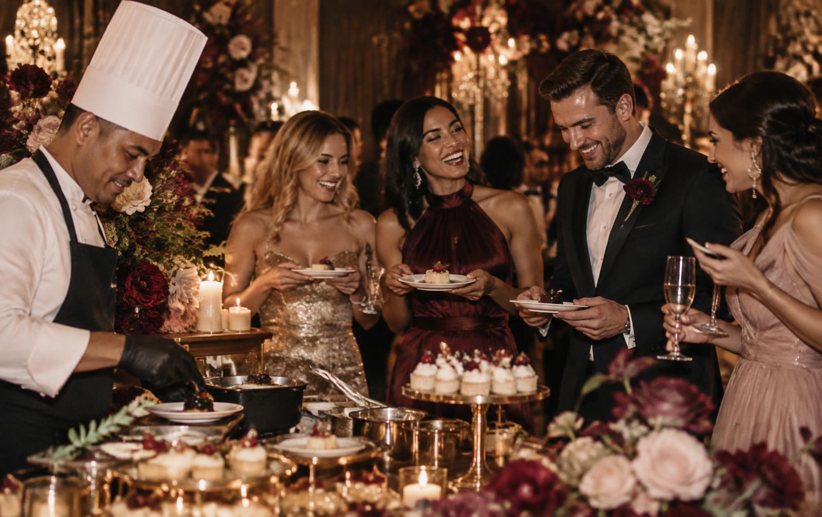 Wedding guests laughing at a live dessert station in Toronto